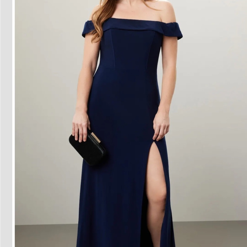 Faviana Elegant Off-Shoulder Navy Blue Dress preloved rent the runway retiree